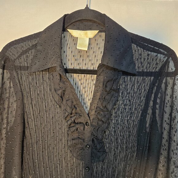 Vintage NEW YORK CITY D. Boho Y2K Black Sheer Pleated Ruffle Shirt Top Size M. - Picture 4 of 16